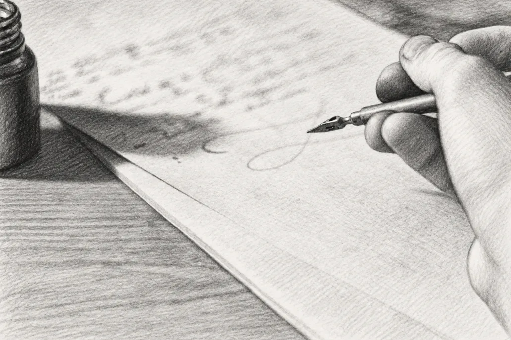 Hand drawing on paper beside a small desk sculpture.