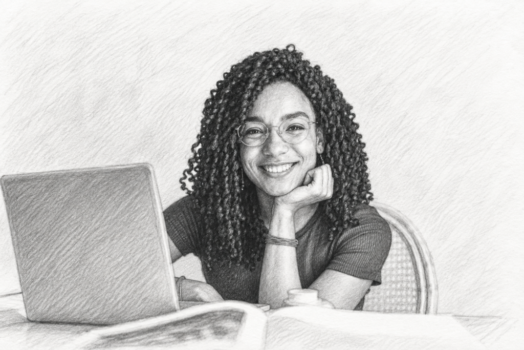 Sales Associate Hiring Process 1 Smiling woman using a laptop at a desk.
