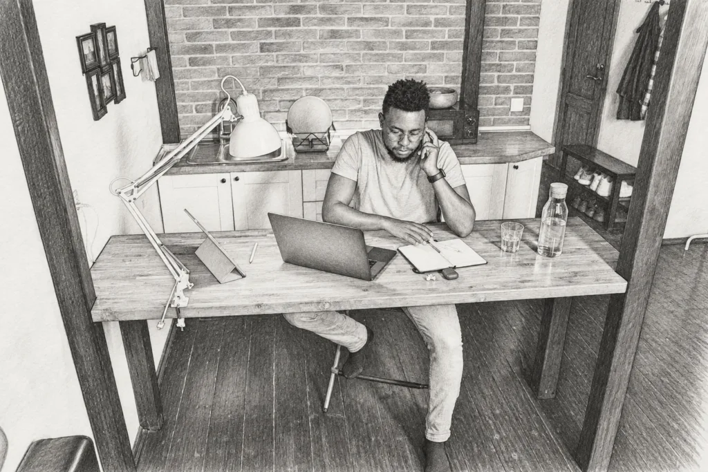 Finding The Perfect Executive Assistant 1 Man working at a desk with laptop and papers.