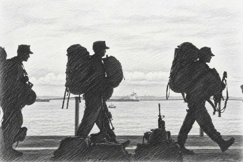 Silhouetted pedestrians walking along a waterfront.