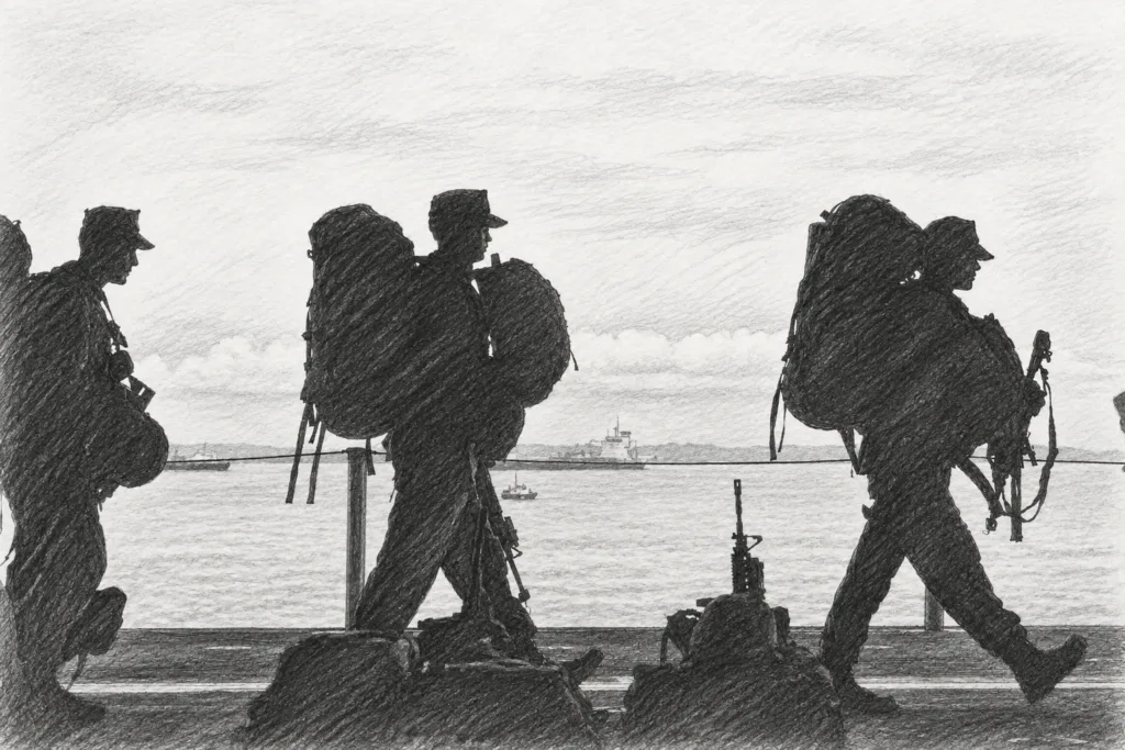 Veteran Program 1 Silhouetted pedestrians walking along a waterfront.
