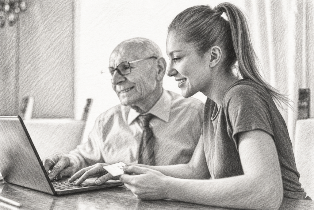 Older man and woman reviewing a laptop together.