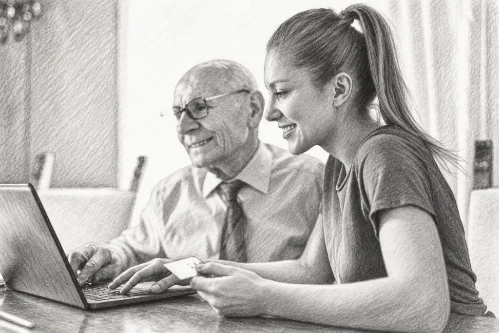 Older man and woman reviewing a laptop together.