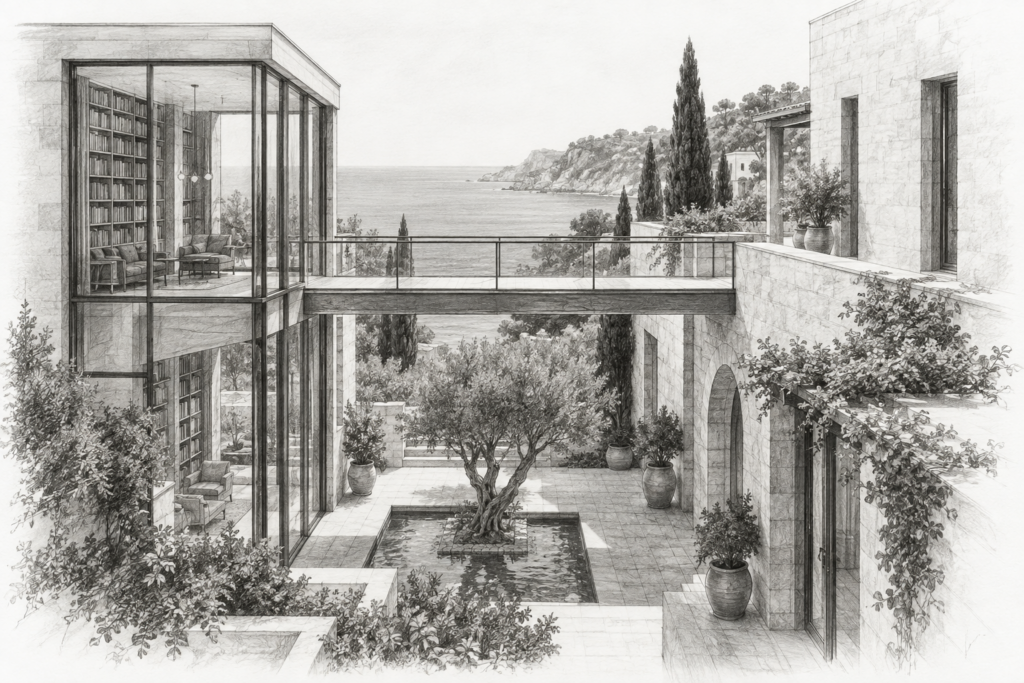 Maximize Your Strengths: How Our Strength Assessment Can Revolutionize Your Luxury Real Estate Business 1 Coastal limestone residence with a glazed library bridge and shaded courtyard.
