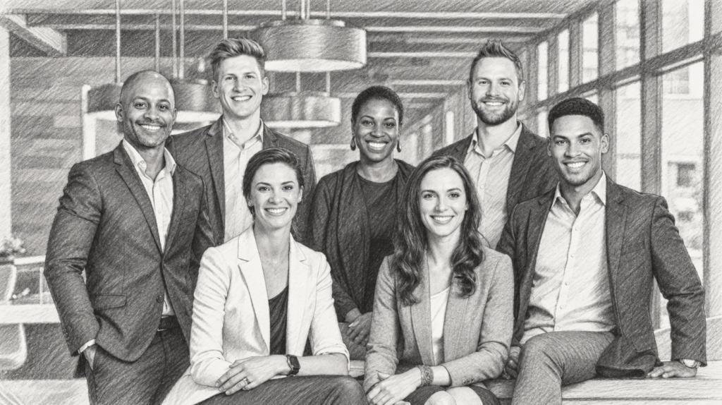 Maximizing Sales-Driving Activities With The Rell Weekly Point Sheet 1 Group of seven professionals standing together in a glass-walled office.