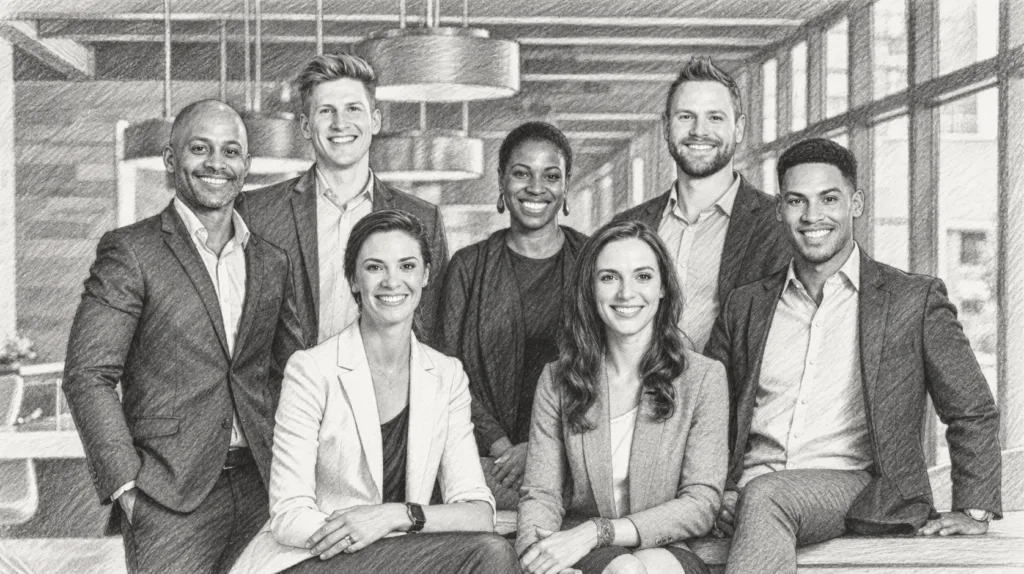 Group of seven professionals standing together in a glass-walled office.