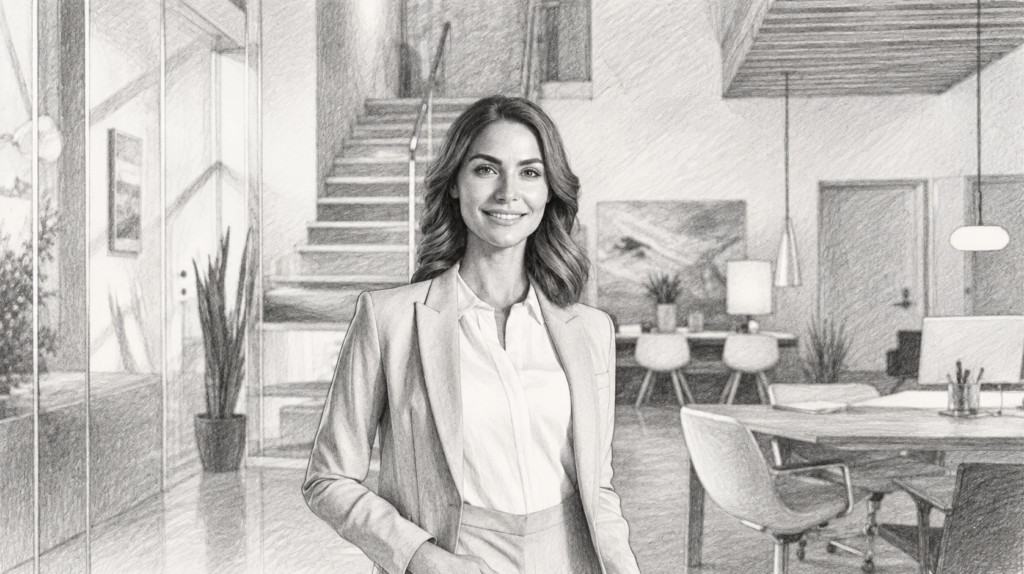 Woman standing in a bright office.