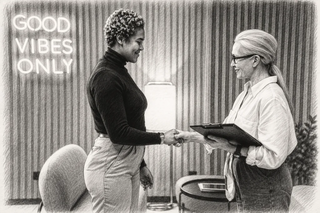 Two people exchanging a clipboard in a bright interior.
