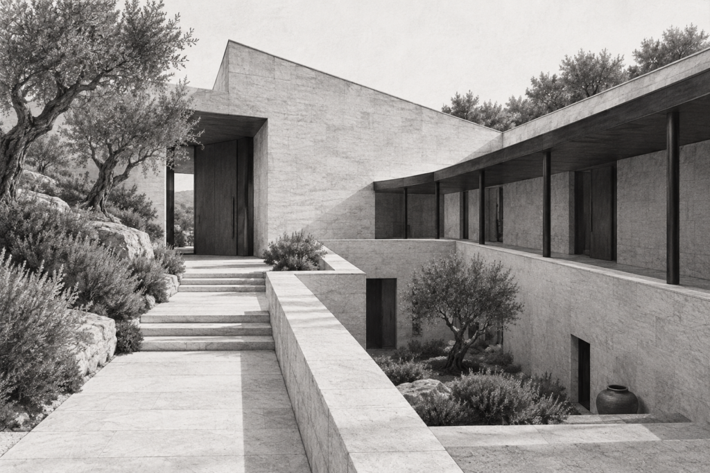 Luxury residence with a folded limestone roofline and sunken courtyard.