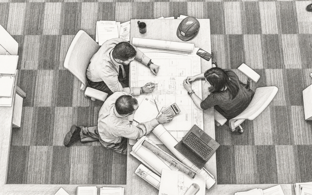 Top view of four people gathered around a table with papers and a laptop.