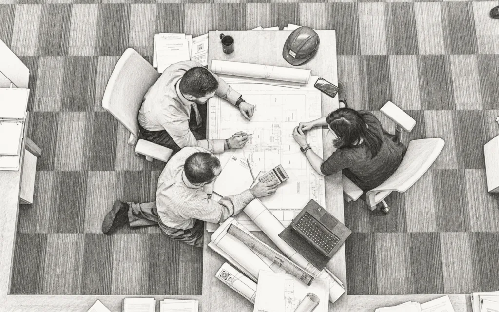 Top view of four people gathered around a table with papers and a laptop.