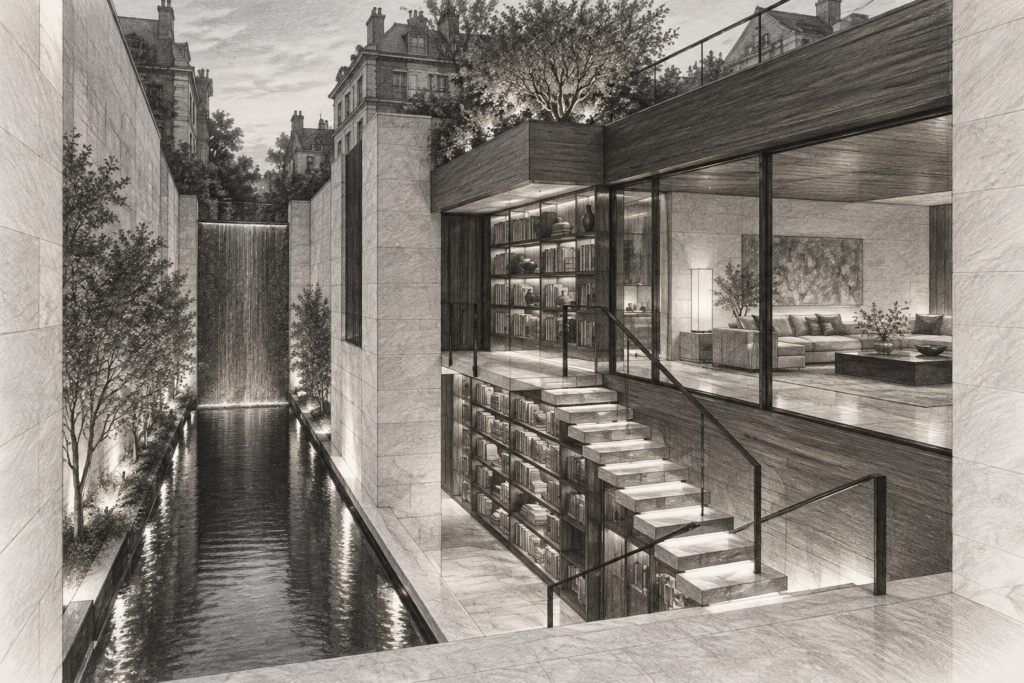 Urban limestone townhouse with a library stair and narrow water court.