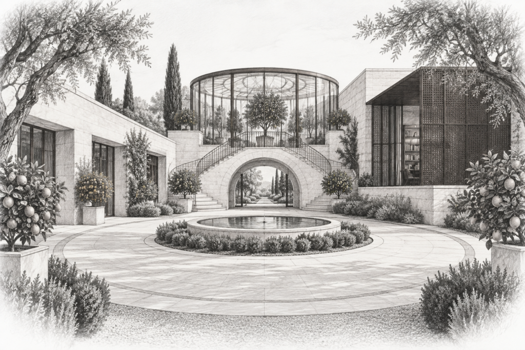 Luxury residence with an elliptical entry court, arched stair and glazed winter garden.