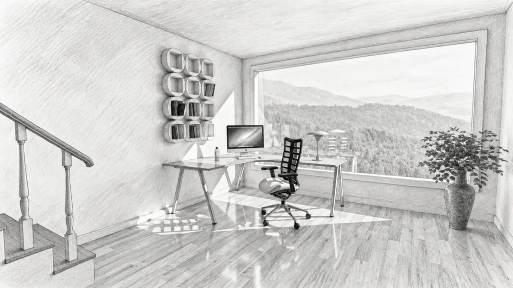 Cantilevered limestone residence with a double-height writing studio and fern court.