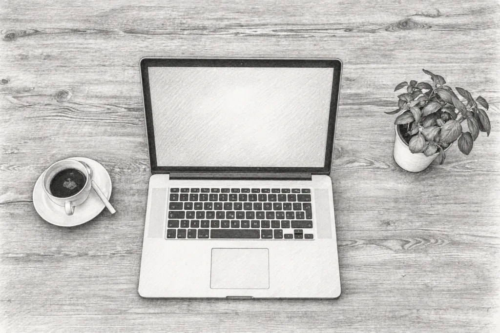 Laptop, coffee cup and plant arranged on a desk.