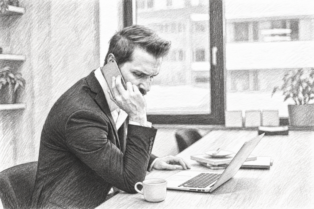 Professional on a phone at a desk beside a laptop.