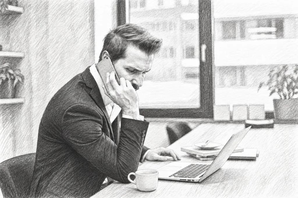 Professional on a phone at a desk beside a laptop.