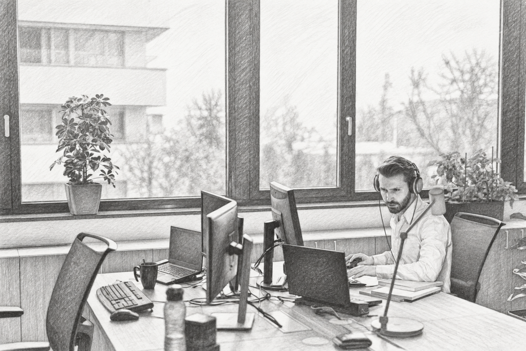 Woman working at a desk with two monitors in a bright office.