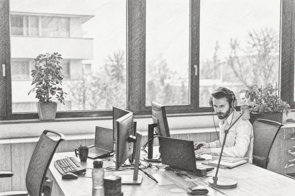 Woman working at a desk with two monitors in a bright office.