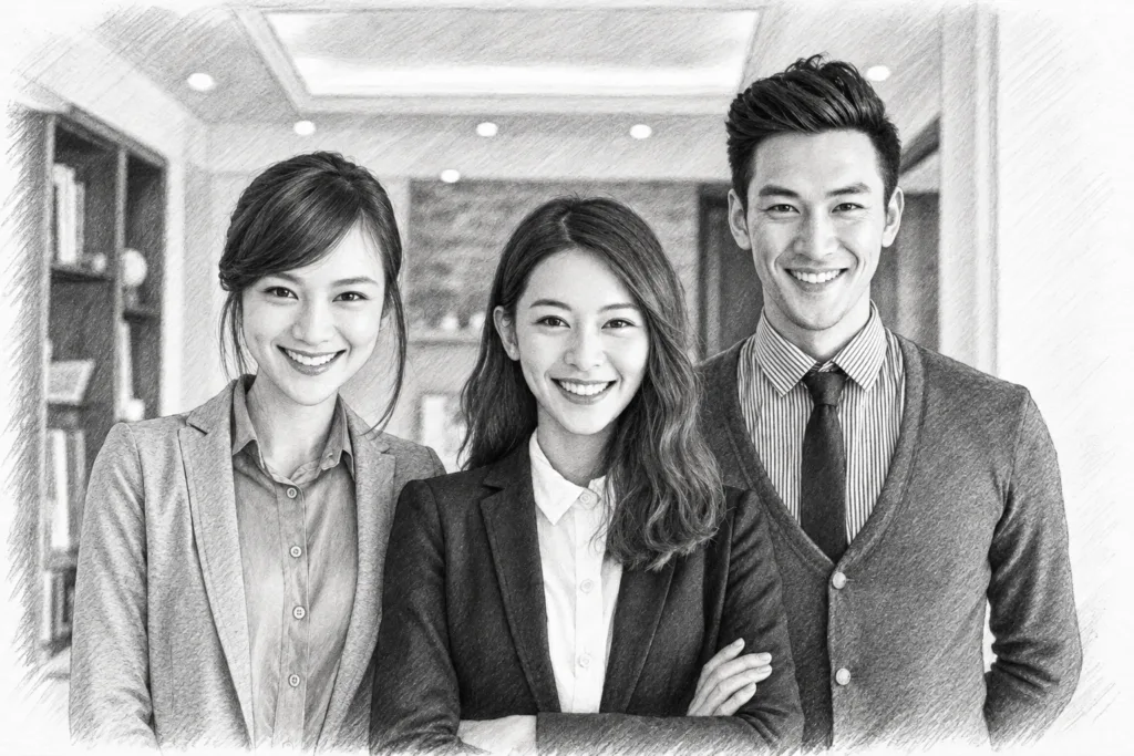 Three adults standing together in a bright interior.