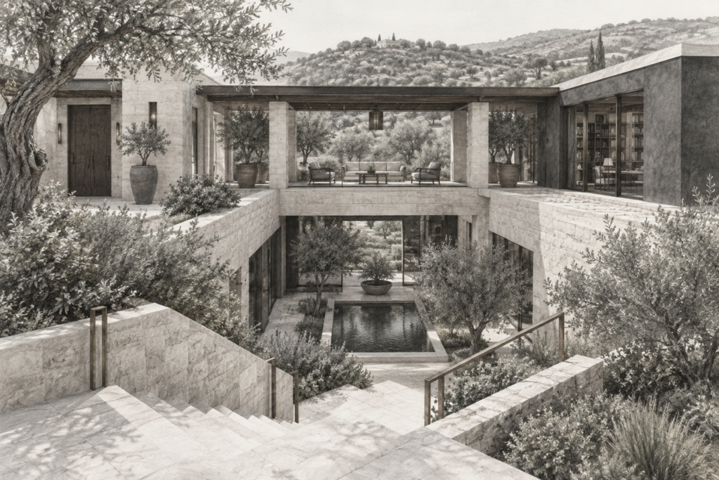 Luxury residence with a cascading courtyard, covered loggia and split-stone stair.