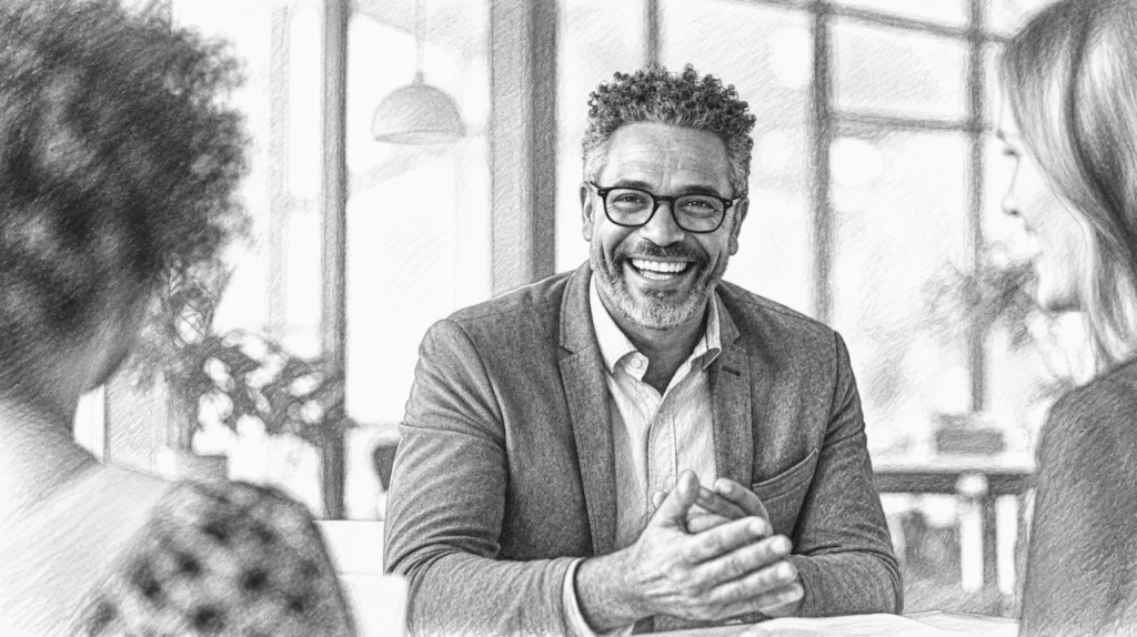 Our Agent Business Analytic: Your Key To Measuring Success And Driving Growth 1 Smiling man speaking with a woman in a bright interior.