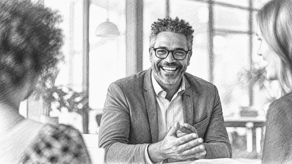 Our Agent Business Analytic: Your Key To Measuring Success And Driving Growth 1 Smiling man speaking with a woman in a bright interior.