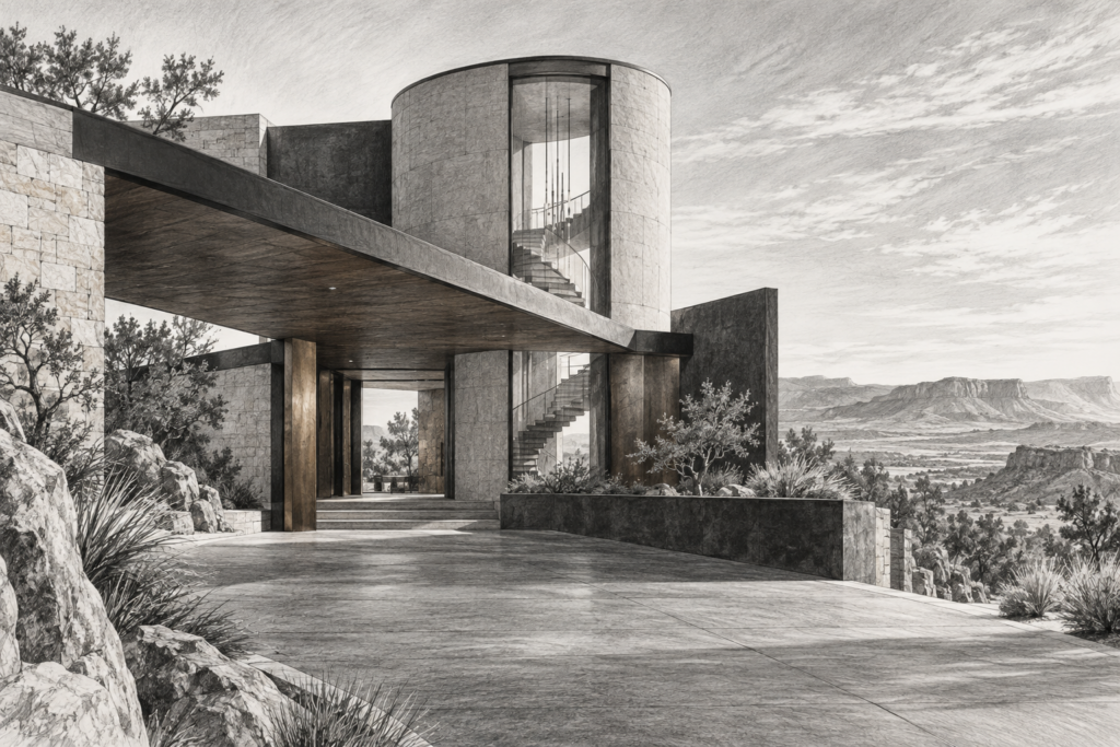12 Secret And Unusual Places To Recruit Real Estate Agents And Amazing Staff 1 High-desert residence with a cylindrical stair lantern and covered arrival court.