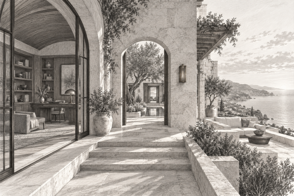 The Benefits Of Using A Signature Logos In Real Estate 1 Coastal stone residence with an arched study and framed courtyard.
