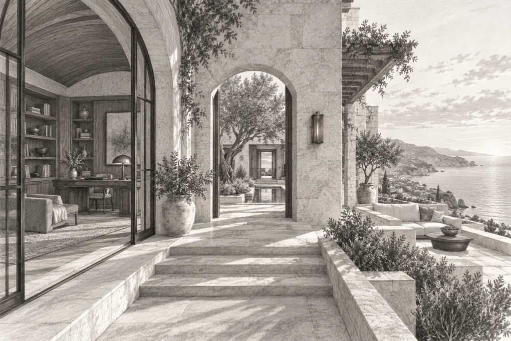 The Benefits Of Using A Signature Logos In Real Estate 1 Coastal stone residence with an arched study and framed courtyard.
