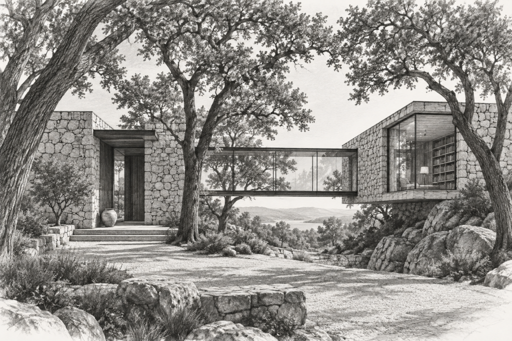Dry stone residence with a bridge to a library courtyard.