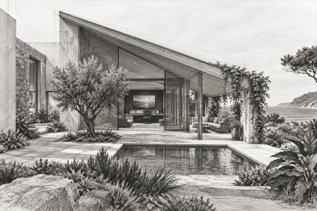 Courtyard residence with a diagonal roof and planted loggia.