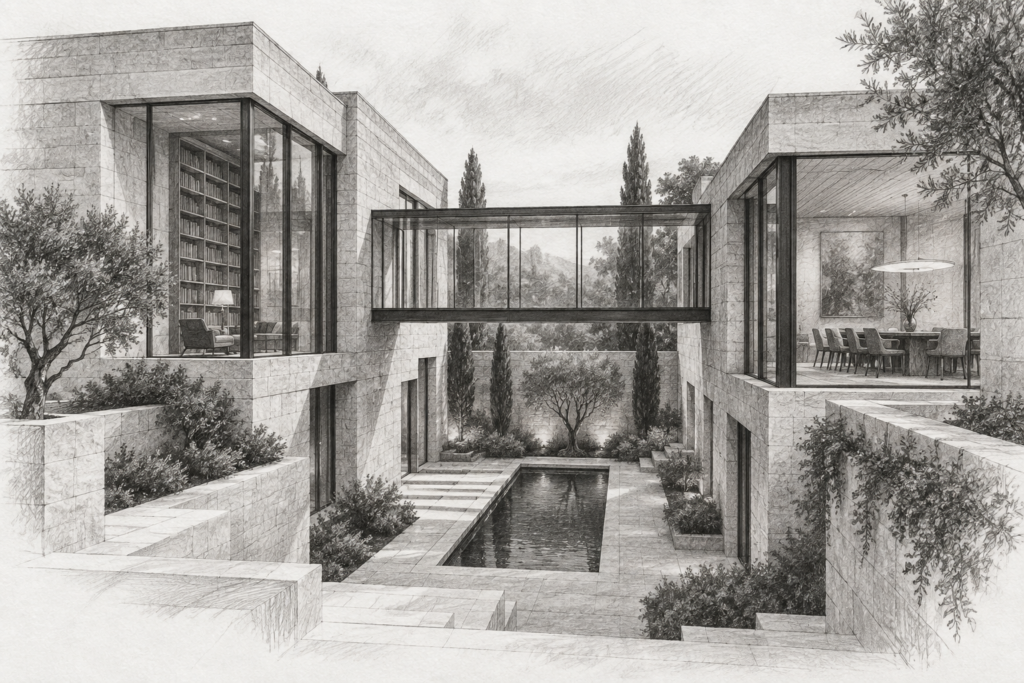 Limestone residence with a glazed bridge enclosing a courtyard.