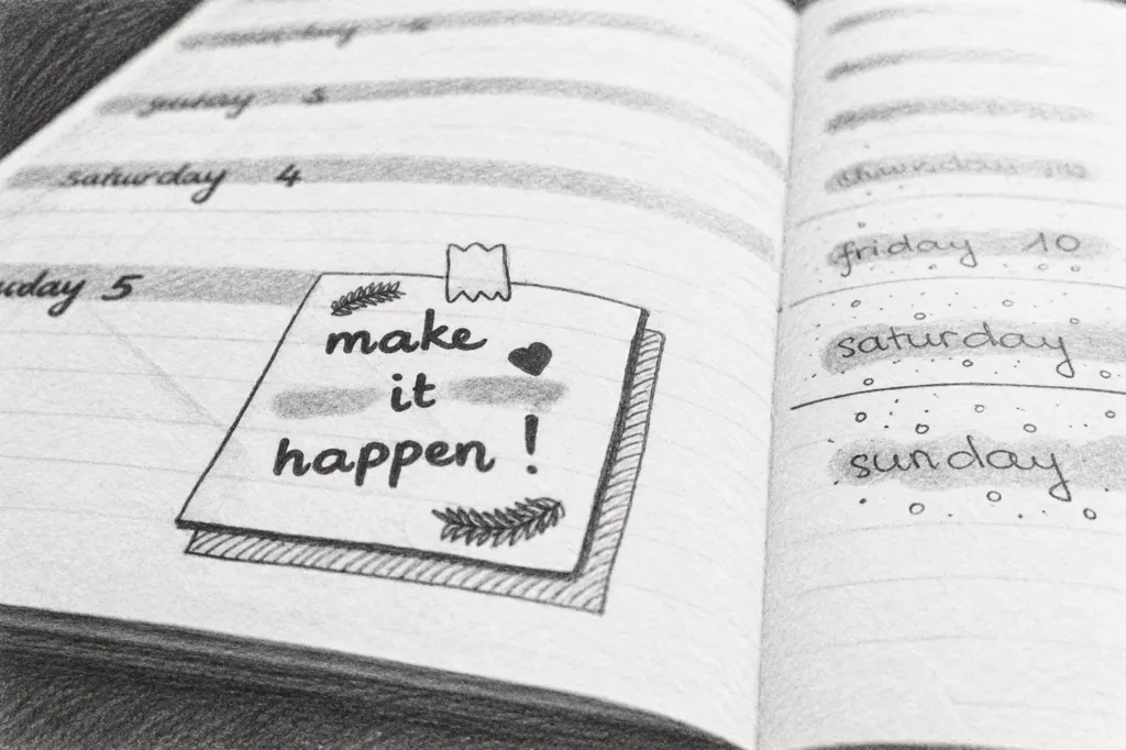 Open planner beside a smartphone and handwritten notes.
