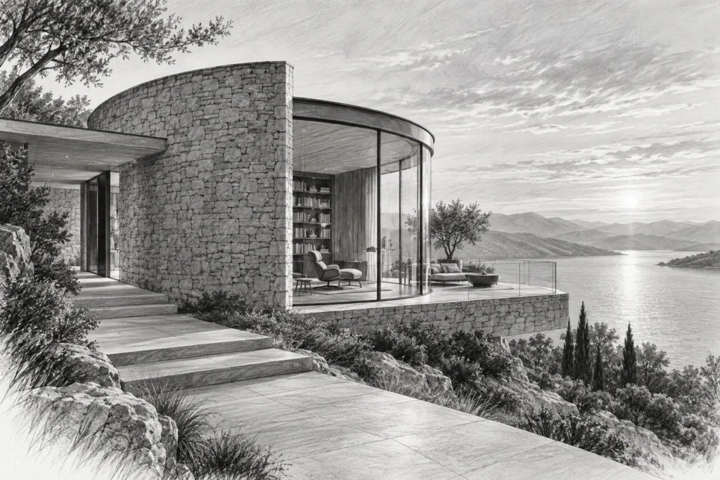 How Our Ai Agents For Luxury Real Estate Will Revolutionize Your Business 1 Coastal residence with a curved stone wall and glazed reading room.
