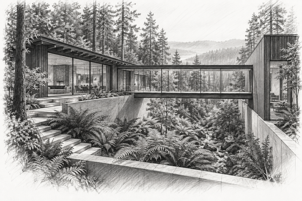 12 Secrets Of Balancing Marketing Spend In Real Estate In Tough Times 1 Forest edge residence with a glazed connector over a fern court.