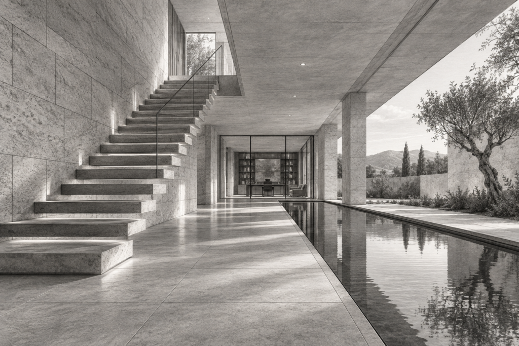 Stone gallery residence with a floating stair and reflecting pool.