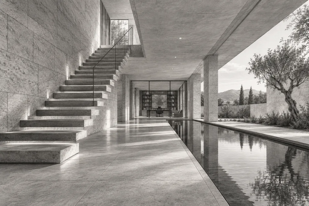 Stone gallery residence with a floating stair and reflecting pool.