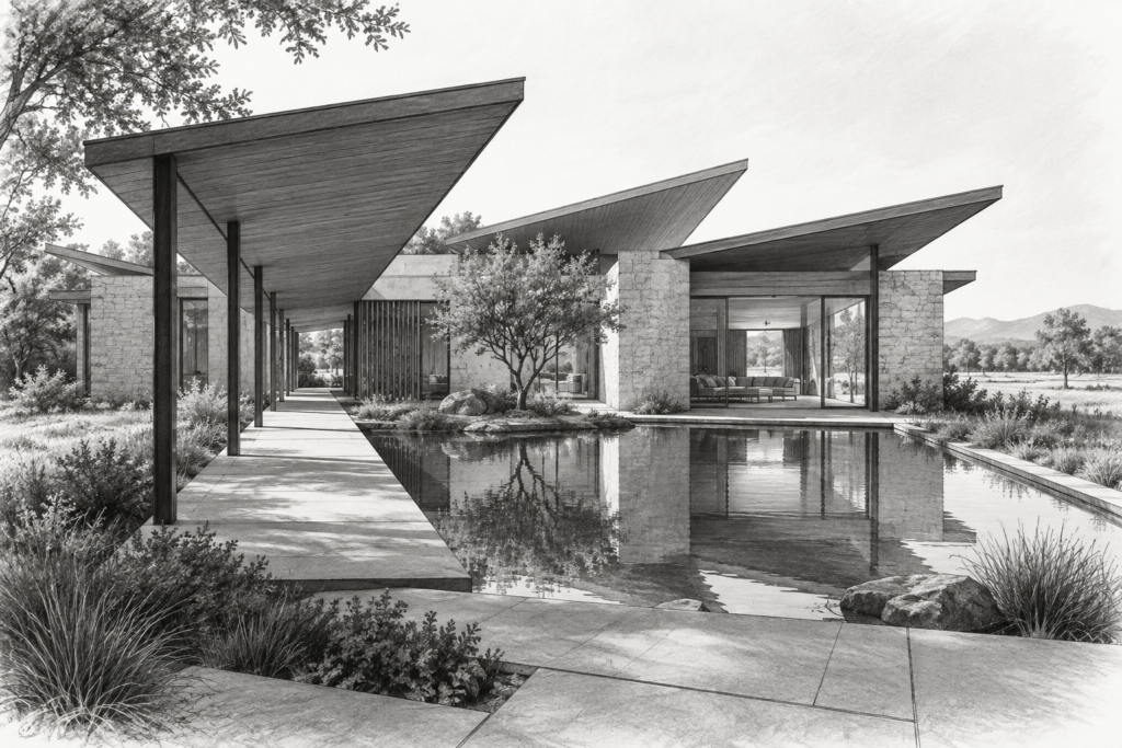 Luxury Real Estate Budgeting &Amp; Forecasting: Conducting A Financial Stability Symphony 1 Courtyard residence with a shaded passage and reflecting basin.