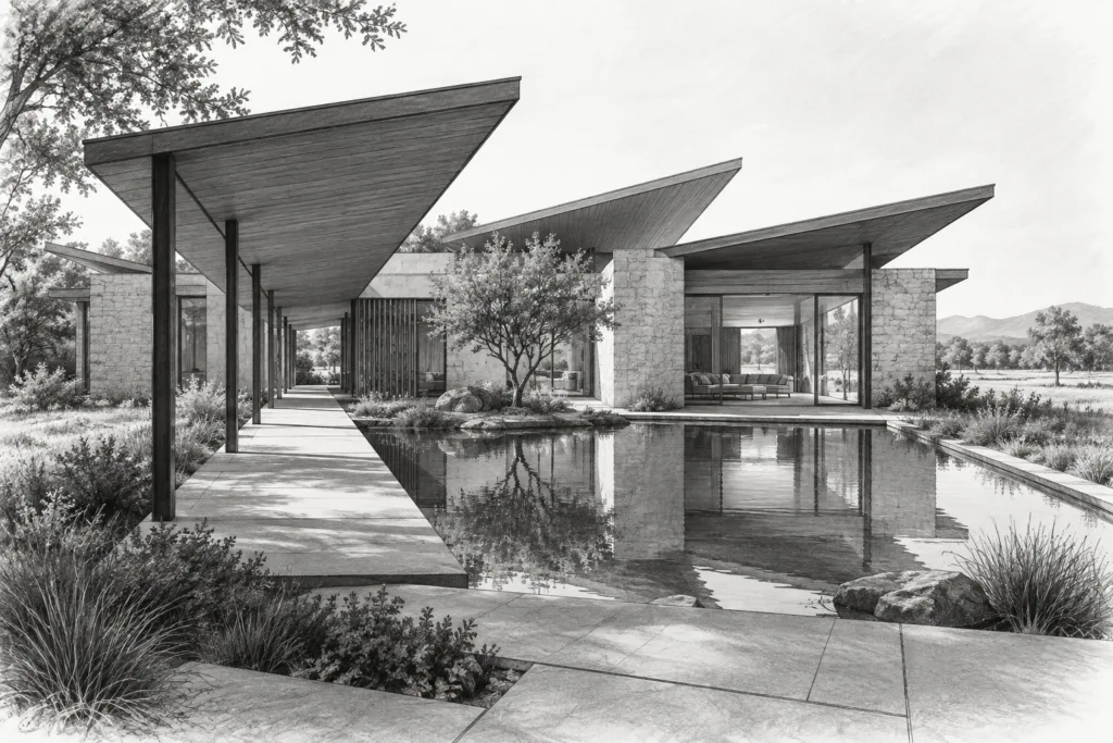 Luxury Real Estate Budgeting &Amp; Forecasting: Conducting A Financial Stability Symphony 1 Courtyard residence with a shaded passage and reflecting basin.