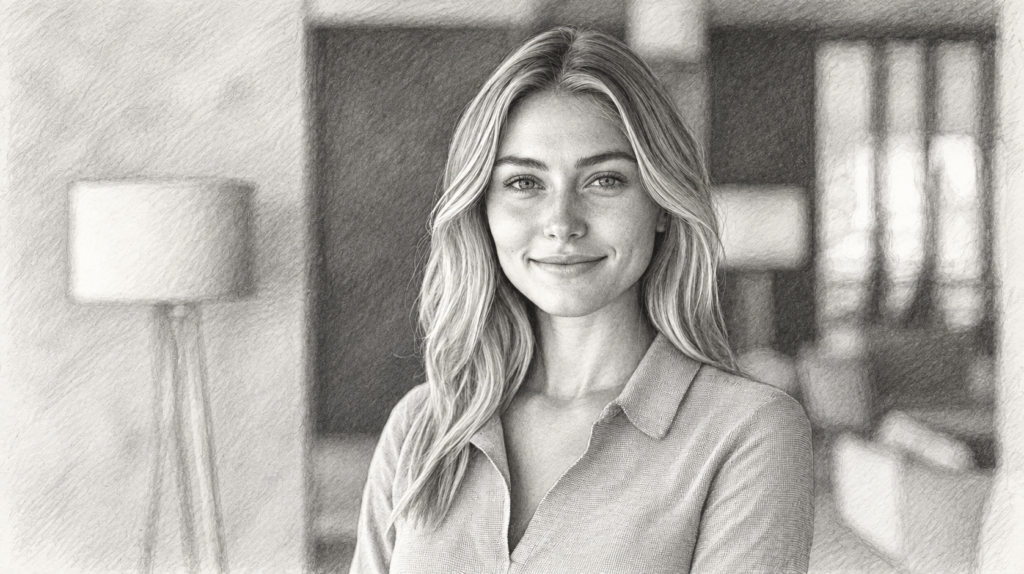 Empathy In Sales: Unleash Your Secret Weapon In Luxury Real Estate 1 Smiling woman standing in a contemporary interior.
