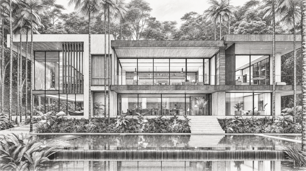 Modern residence with a reflecting pool and landscaped courtyard.