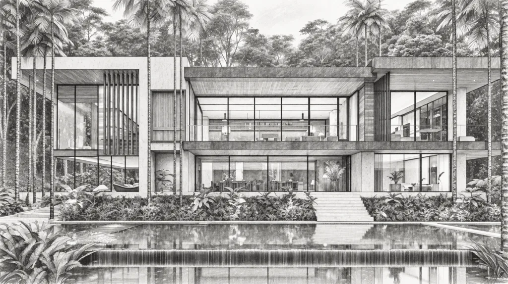 Unlock The Goldmine: Mastering The Luxury Real Estate Market 1 Modern residence with a reflecting pool and landscaped courtyard.