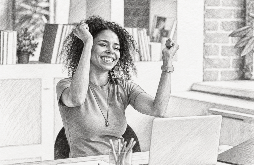 Debt Management Champions: Crush Debt And Build 4 Positive Rock-Solid Financial Foundations For Your Luxury Real Estate Empire 1 Smiling woman celebrating at a laptop in a bright room.