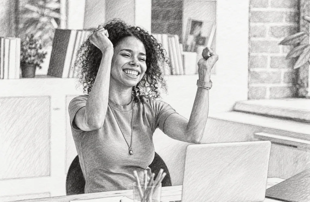 Smiling woman celebrating at a laptop in a bright room.