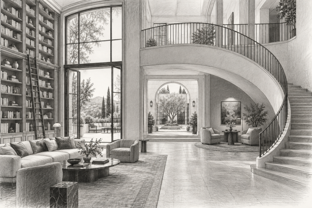 Mastering Business Storytelling: The Key To Success For Real Estate Professionals 1 Luxury residence with a curved stair beside a courtyard library.
