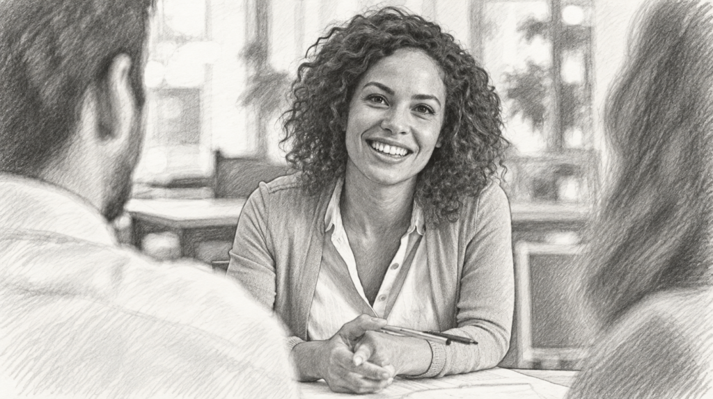 Smiling woman in a client conversation across an office table.
