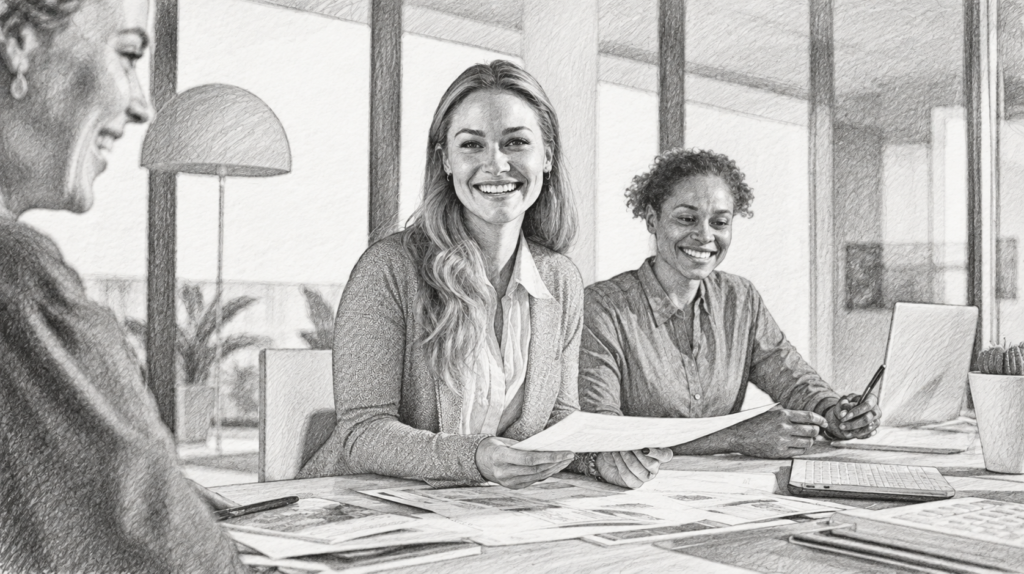 Building An Impactful Personal Brand In Luxury Real Estate: 5 Key Strategies 1 Three people seated at a table with papers in an office.