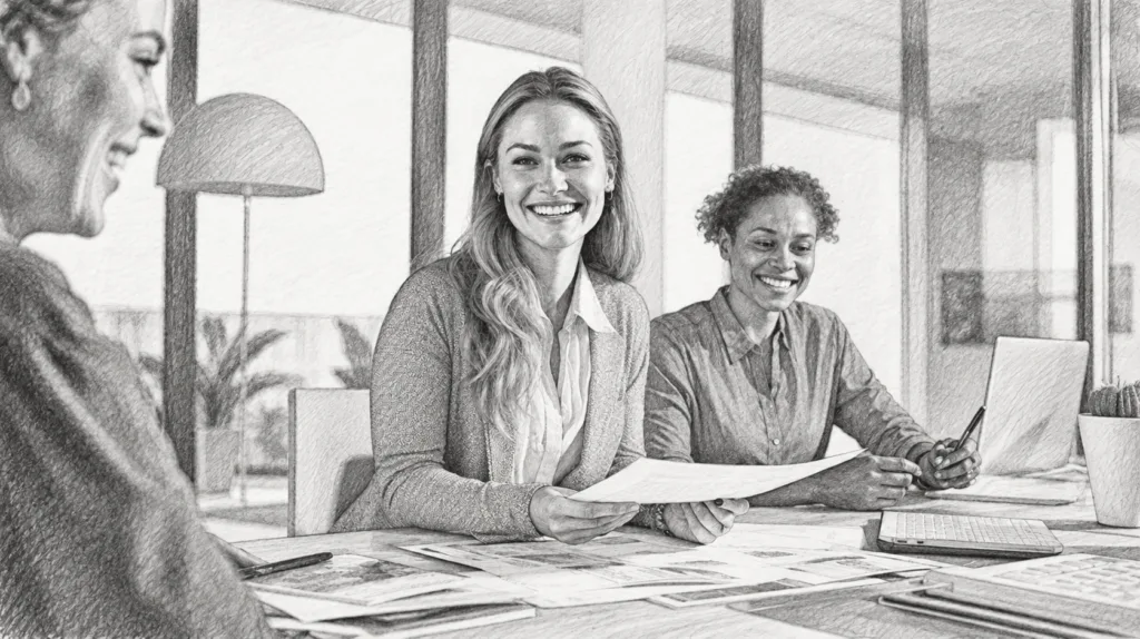 Building An Impactful Personal Brand In Luxury Real Estate: 5 Key Strategies 1 Three people seated at a table with papers in an office.