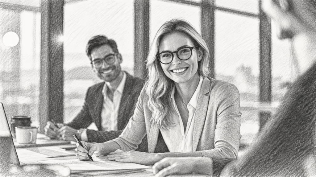 Man and woman working together at a desk in a glass-walled office.